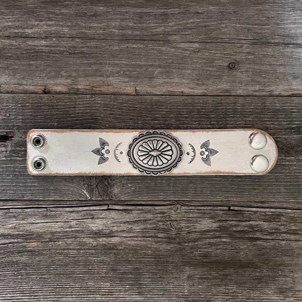 MADE TO ORDER - Genuine White Leather Silver Concho Bracelet