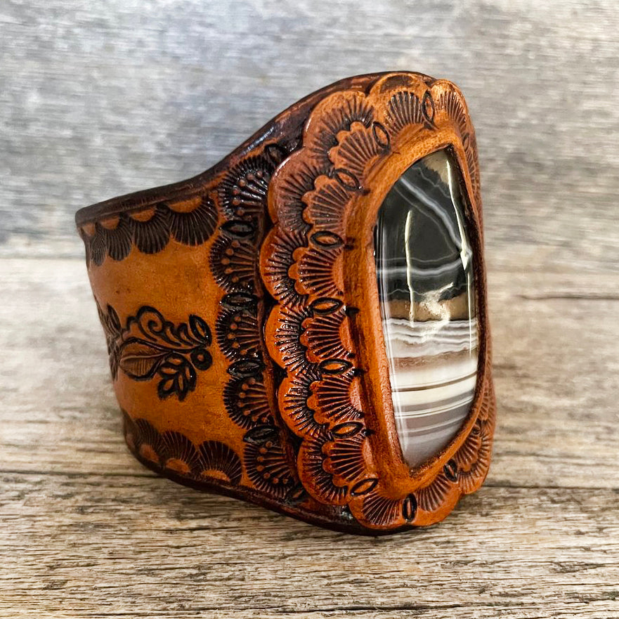 One of a Kind Leather Bracelet with Banded Agate Stone