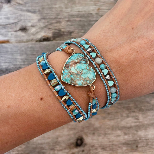 Genuine Leather, Turquoise 3 Tier Wrap Bracelet Jasper Heart