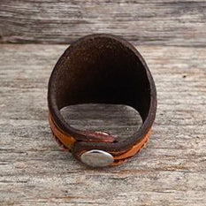 One of a Kind - Caramel brown Mandala Leather Boho Ring
