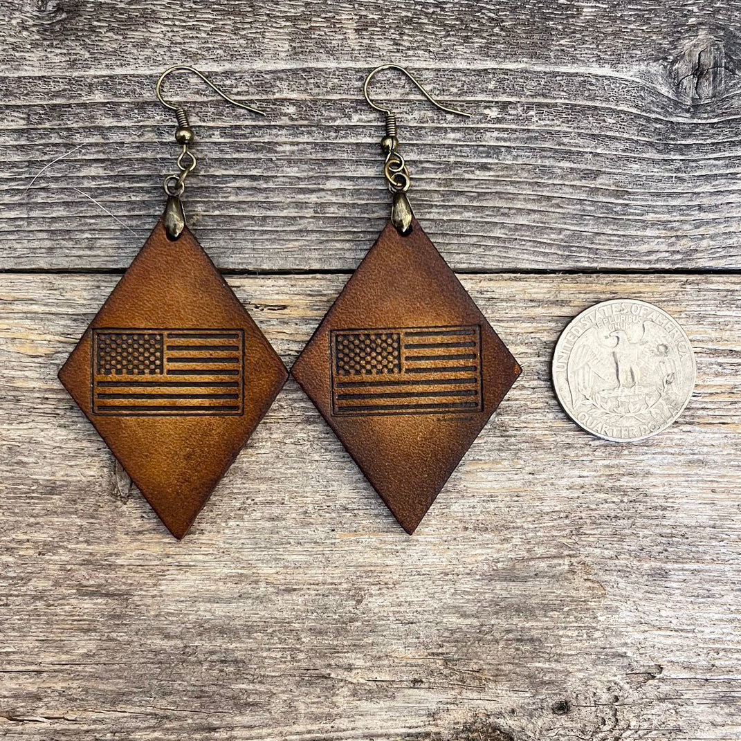 MADE TO ORDER - Genuine Leather Earrings with Tooled USA Flag