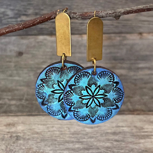 One of a Kind Handcrafted blue flower leather earrings