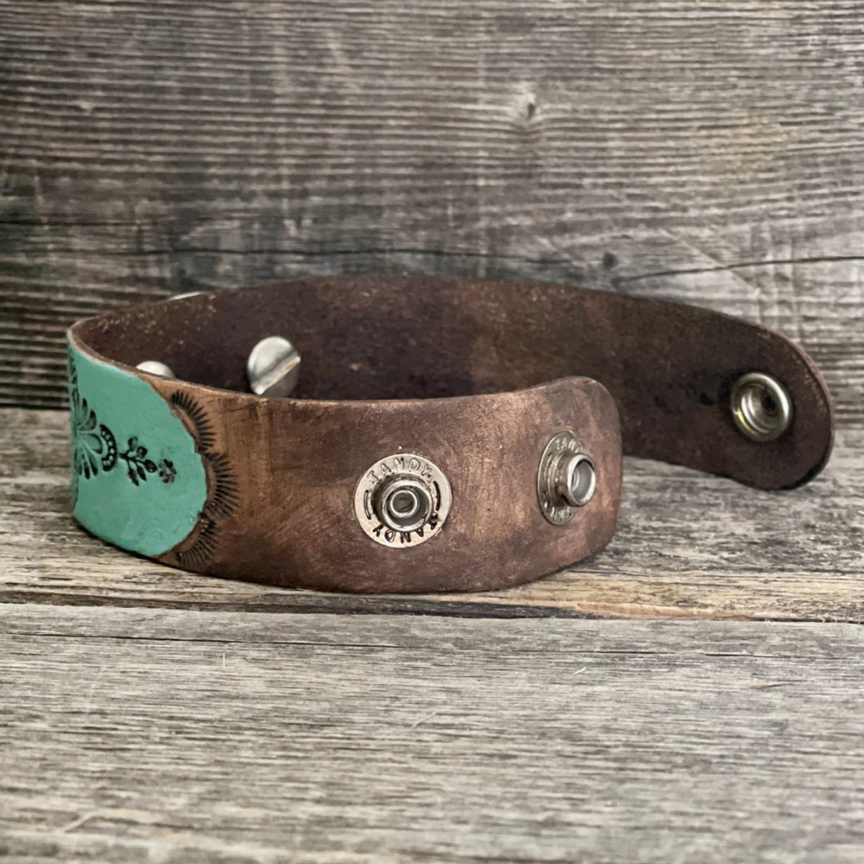 One of a kind Genuine Tooled Leather Two Tone Concho Bracelet