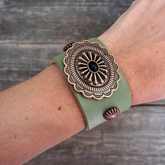 MADE TO ORDER - Light Olive Leather Bracelet Copper Concho