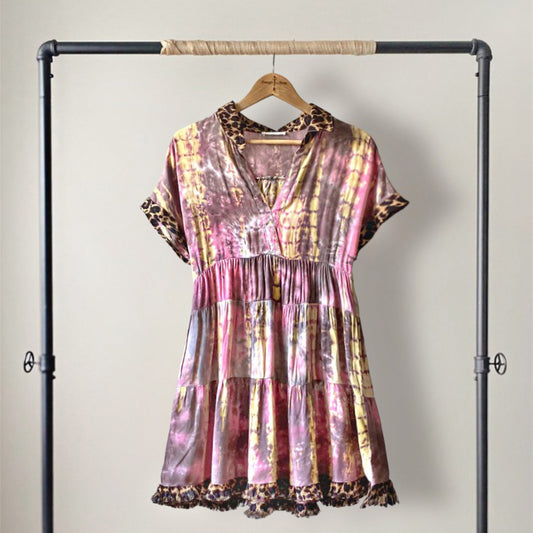 “BATIKA Pink Mini Dress | Boho Multicolor & Animal Print Details