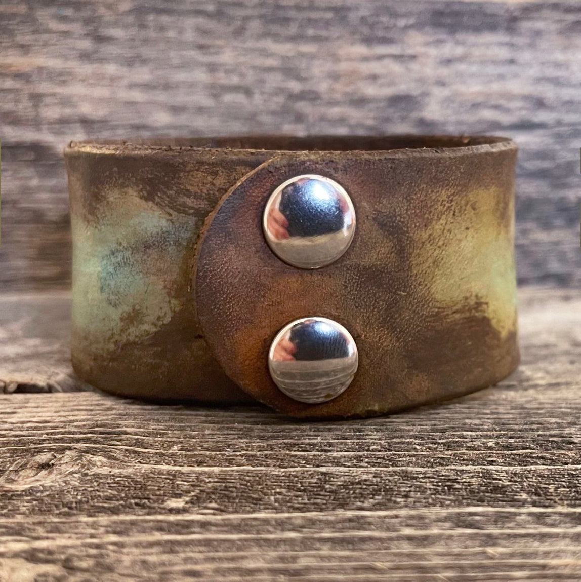 MADE TO ORDER - Brown/aqua Leather Bracelet with Oval Concho