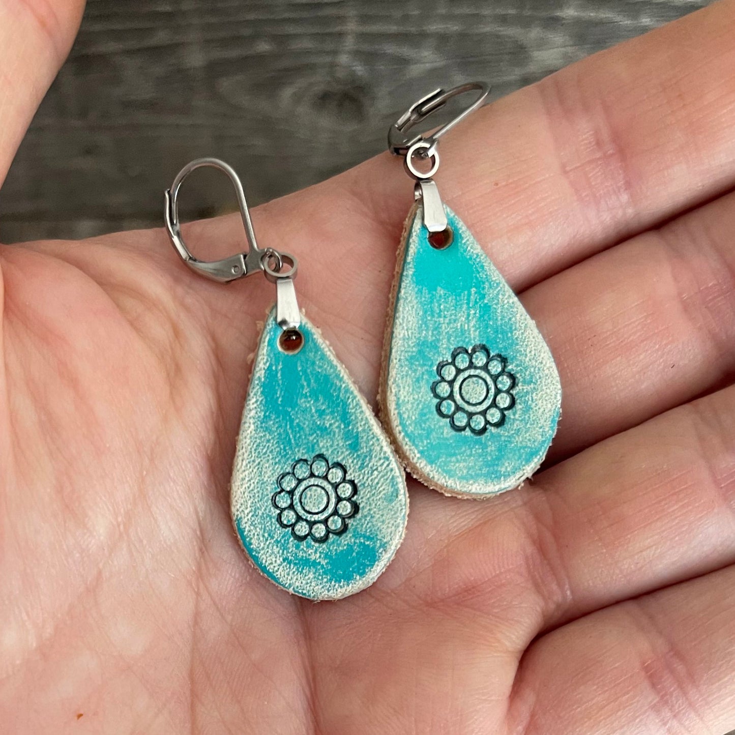 MADE TO ORDER - Leather Turquoise Rustic Drop Flower Earrings