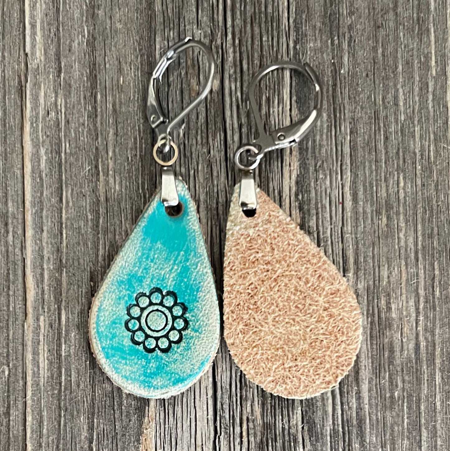 MADE TO ORDER - Leather Turquoise Rustic Drop Flower Earrings