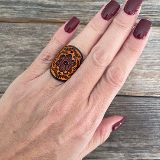 One of a Kind - Caramel brown Mandala Leather Boho Ring