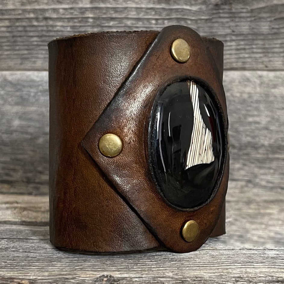 One of a Kind, Wide Leather Bracelet Genuine Black Botswana Stone