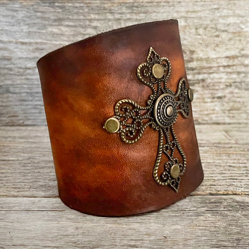 MADE TO ORDER - Wide Antique Cross Leather Bracelet | Boho Accessories