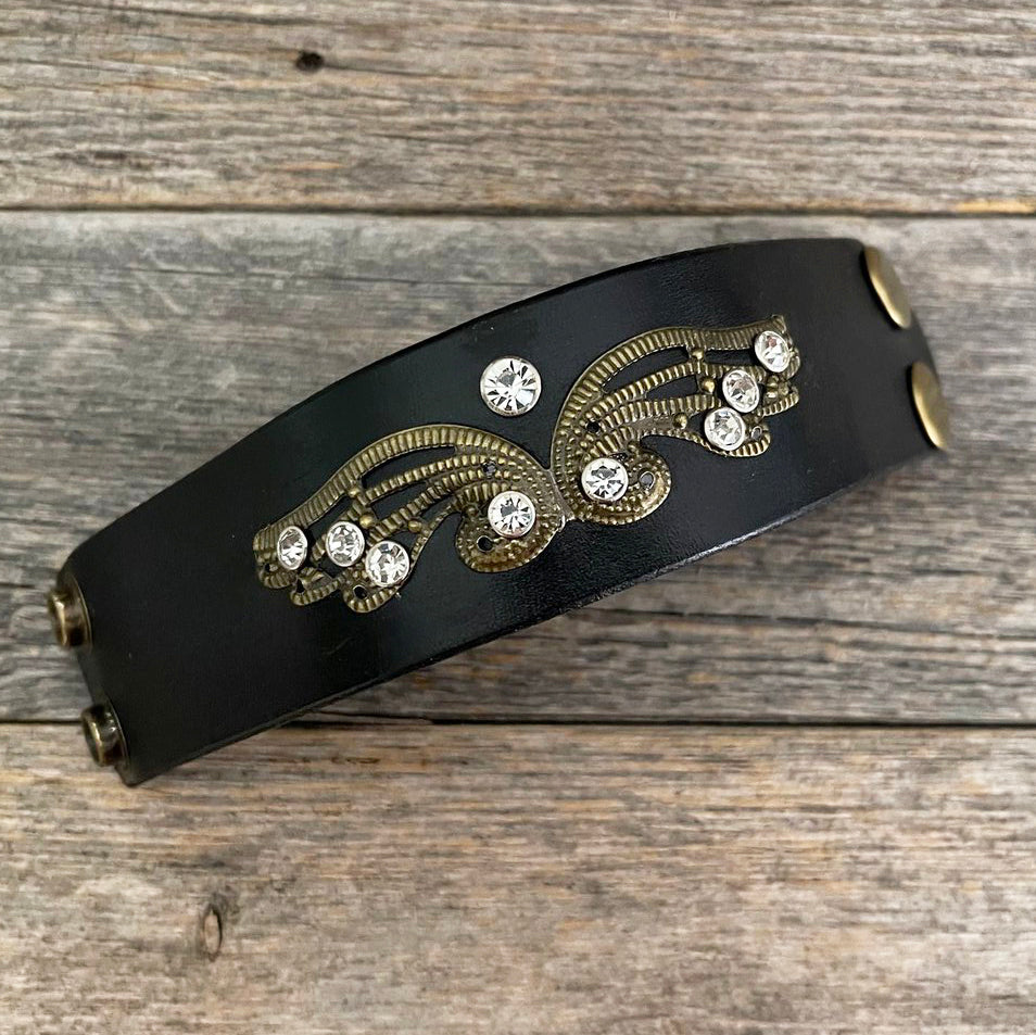 MADE TO ORDER - Black Leather Wings Bracelet with Swarovski Crystals