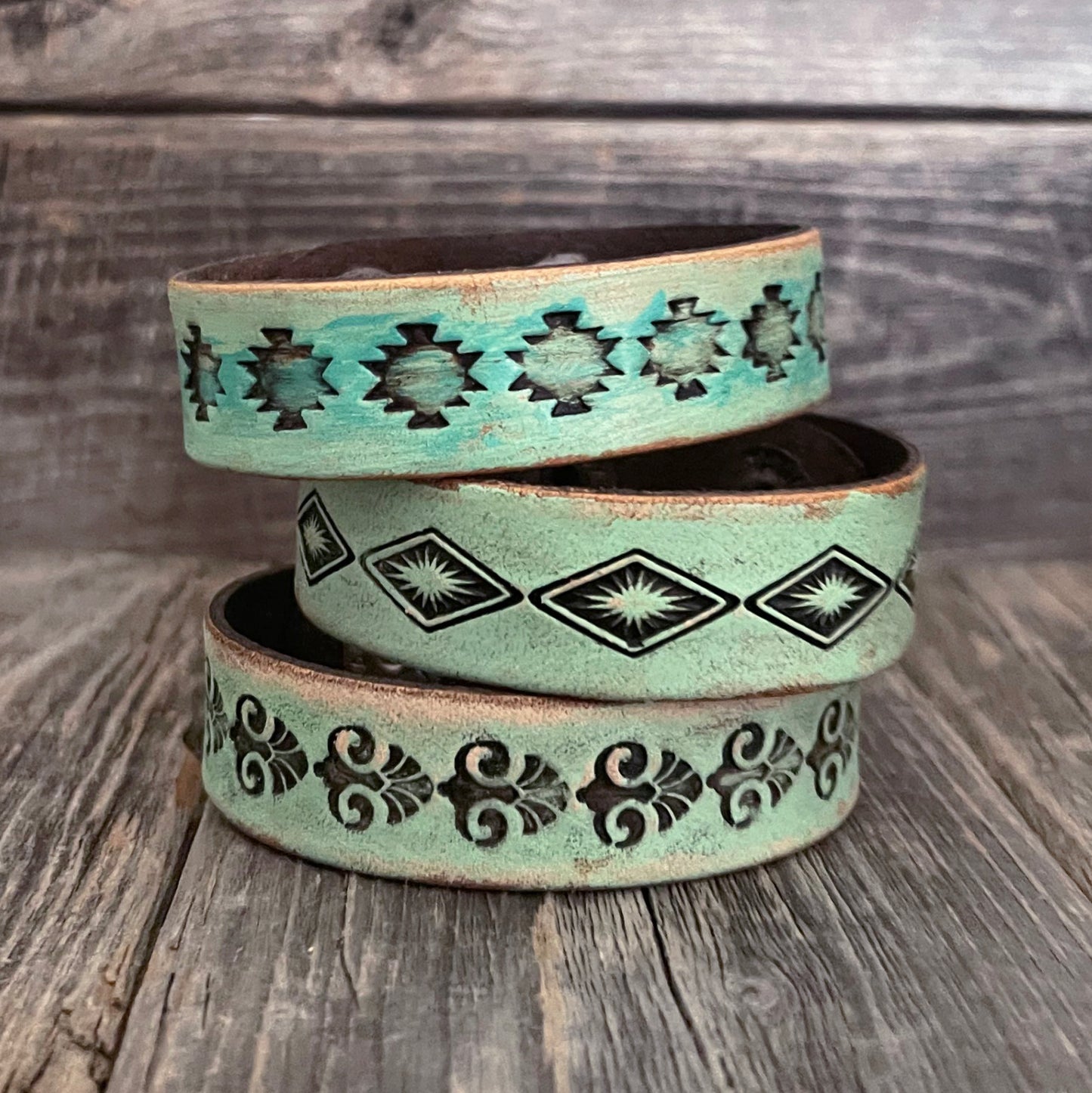 One of a kind, Genuine Tooled Leather Thin Boho Bracelet