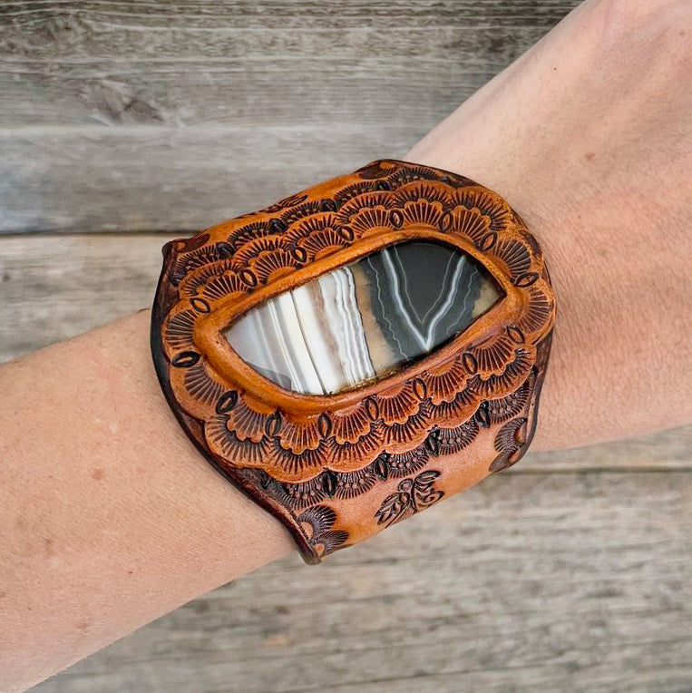 One of a Kind Leather Bracelet with Banded Agate Stone