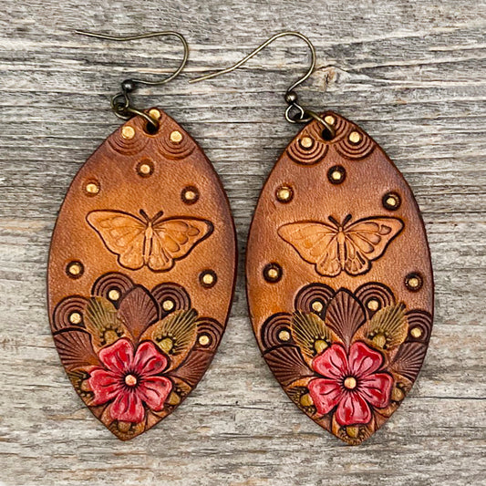 One of a Kind  Leather Butterfly Earrings and Flowers Design