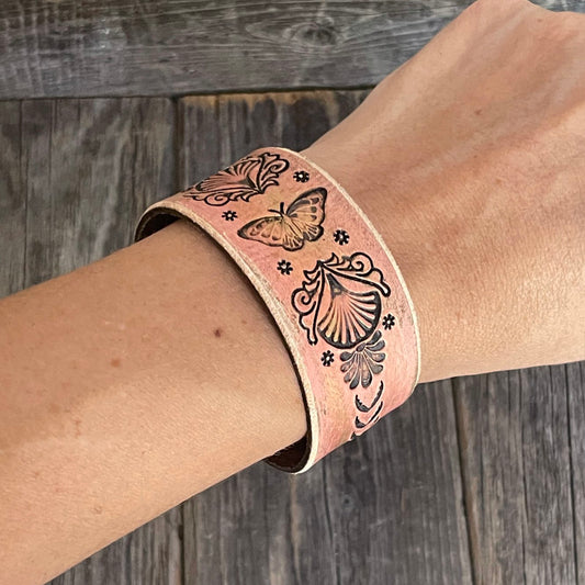 Pale Pink Boho Tooled Leather Bracelet with Butterfly Sea Shells