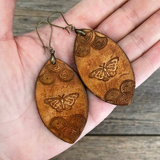 MADE TO ORDER - Leather Drop Butterfly Rustic Earrings