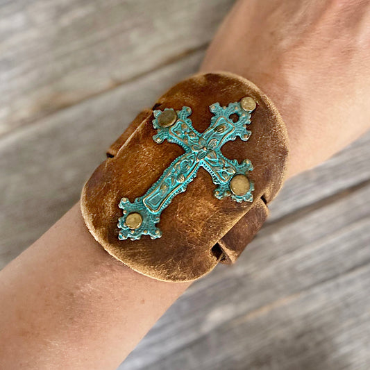 MADE TO ORDER - Patina Cross Leather Bracelet: Bohemian Charm for Wrist Elegance