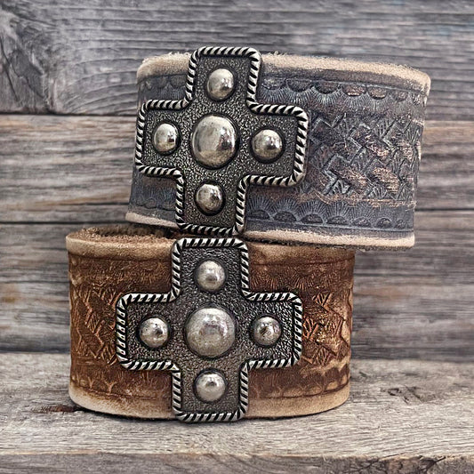 MADE TO ORDER -  Cross Concho Braided Pattern Leather Bracelet