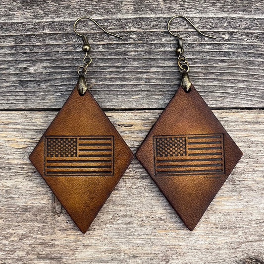 MADE TO ORDER - Genuine Leather Earrings with Tooled USA Flag