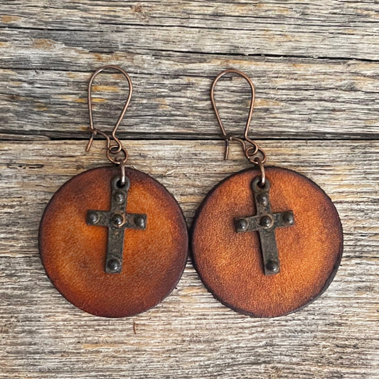 MADE TO ORDER - Cross Round Drop Leather Earrings | Boho Accessories