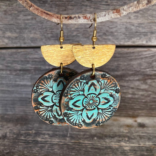 One of a Kind turquoise flower leather earrings