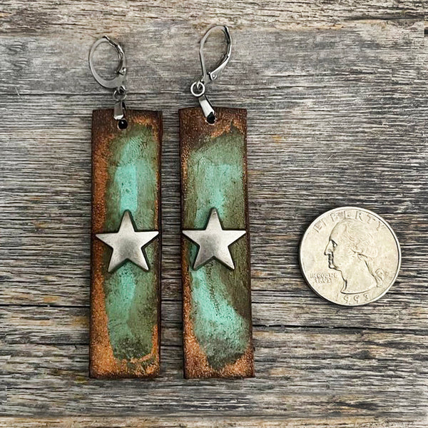 MADE TO ORDER - Genuine Distressed Turquoise Leather Stripes Star Rivet Earrings