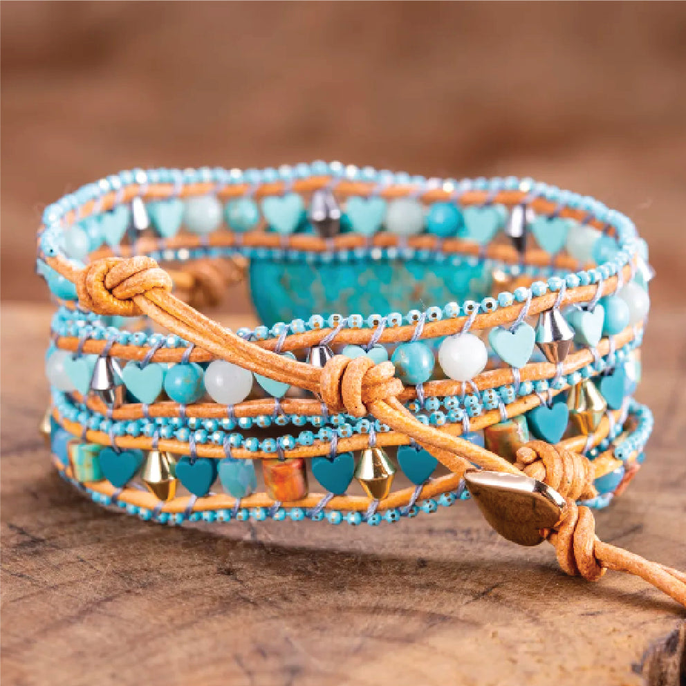 Genuine Leather, Turquoise 3 Tier Wrap Bracelet Jasper Heart