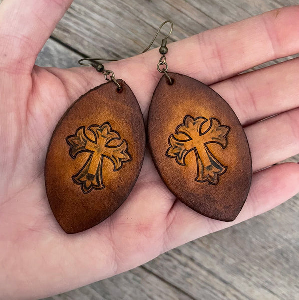 MADE TO ORDER - Tooled Cross Drop Leather Earrings | Boho Accessories