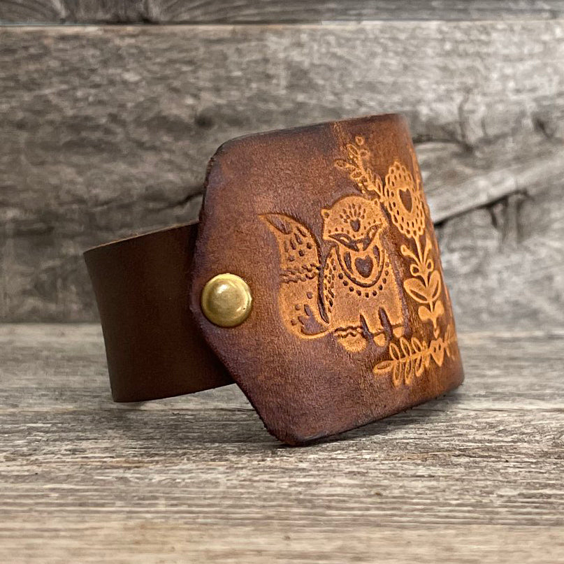 MADE TO ORDER - Genuine Leather Bracelet with Tooled Fox Design