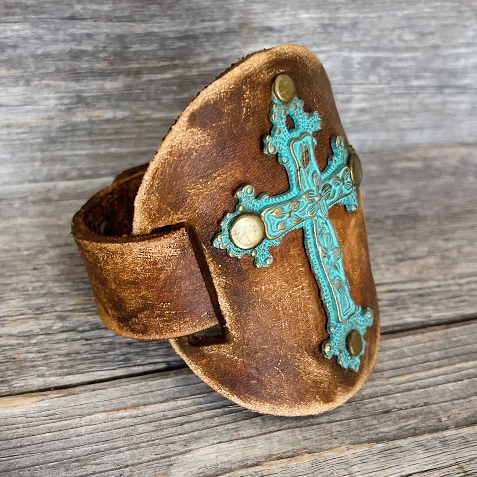 MADE TO ORDER - Patina Cross Leather Bracelet: Bohemian Charm for Wrist Elegance