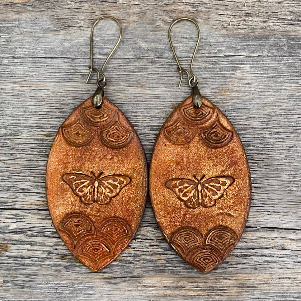 MADE TO ORDER - Leather Drop Butterfly Rustic Earrings