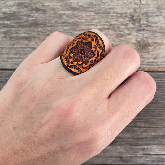 One of a Kind - Caramel brown Mandala Leather Boho Ring