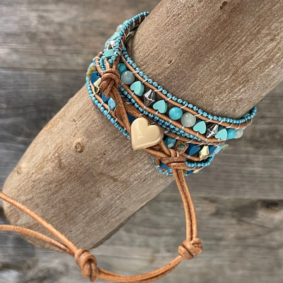Genuine Leather, Turquoise 3 Tier Wrap Bracelet Jasper Heart