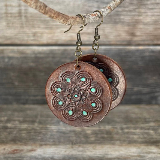 One of a Kind round tooled leather earrings | Boho Accessories