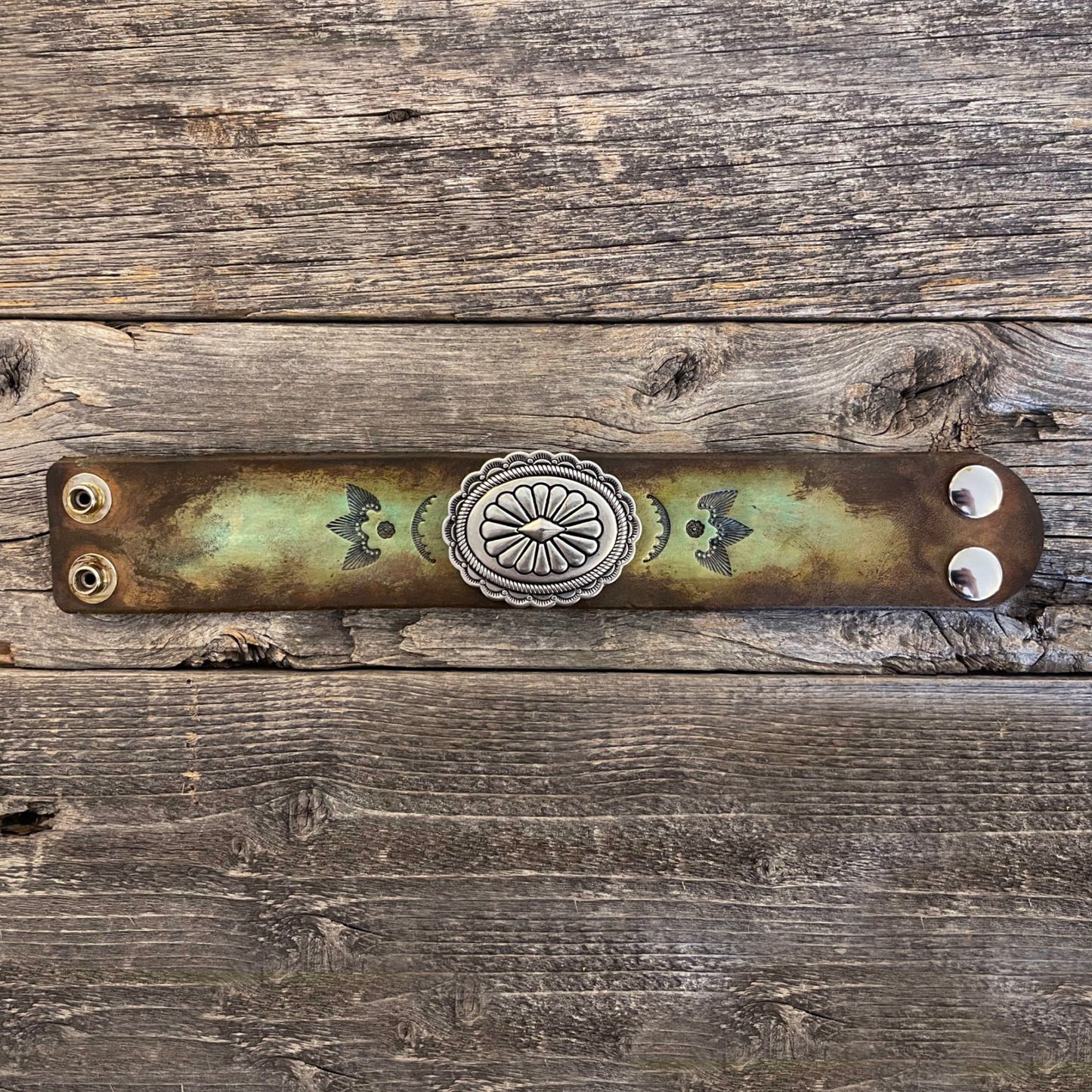 MADE TO ORDER - Brown/aqua Leather Bracelet with Oval Concho