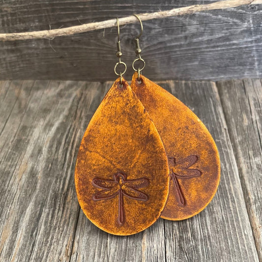MADE TO ORDER - Extra Long Leather Drop Earrings with Dragonfly Design