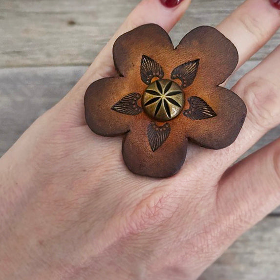 MADE TO ORDER - Vintage Ombre Brown Flower Leather Ring