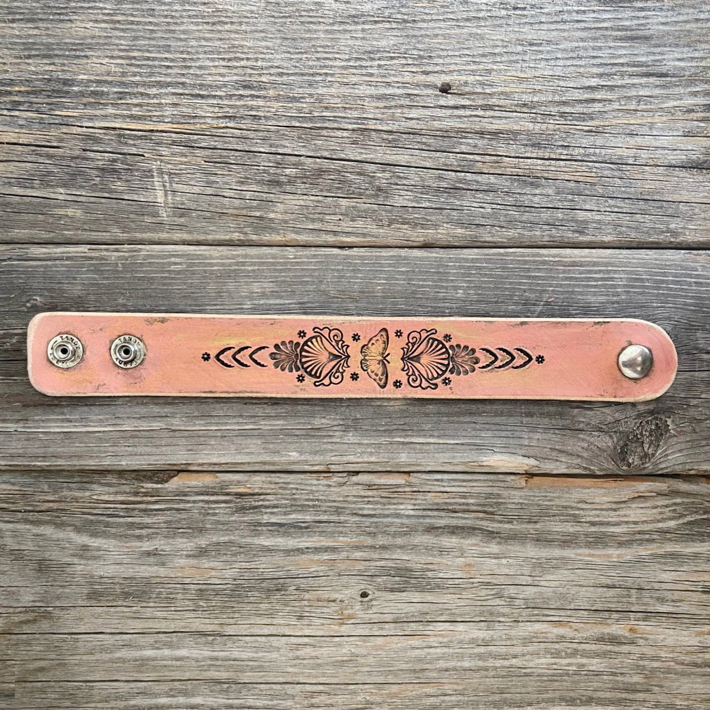 Pale Pink Boho Tooled Leather Bracelet with Butterfly Sea Shells