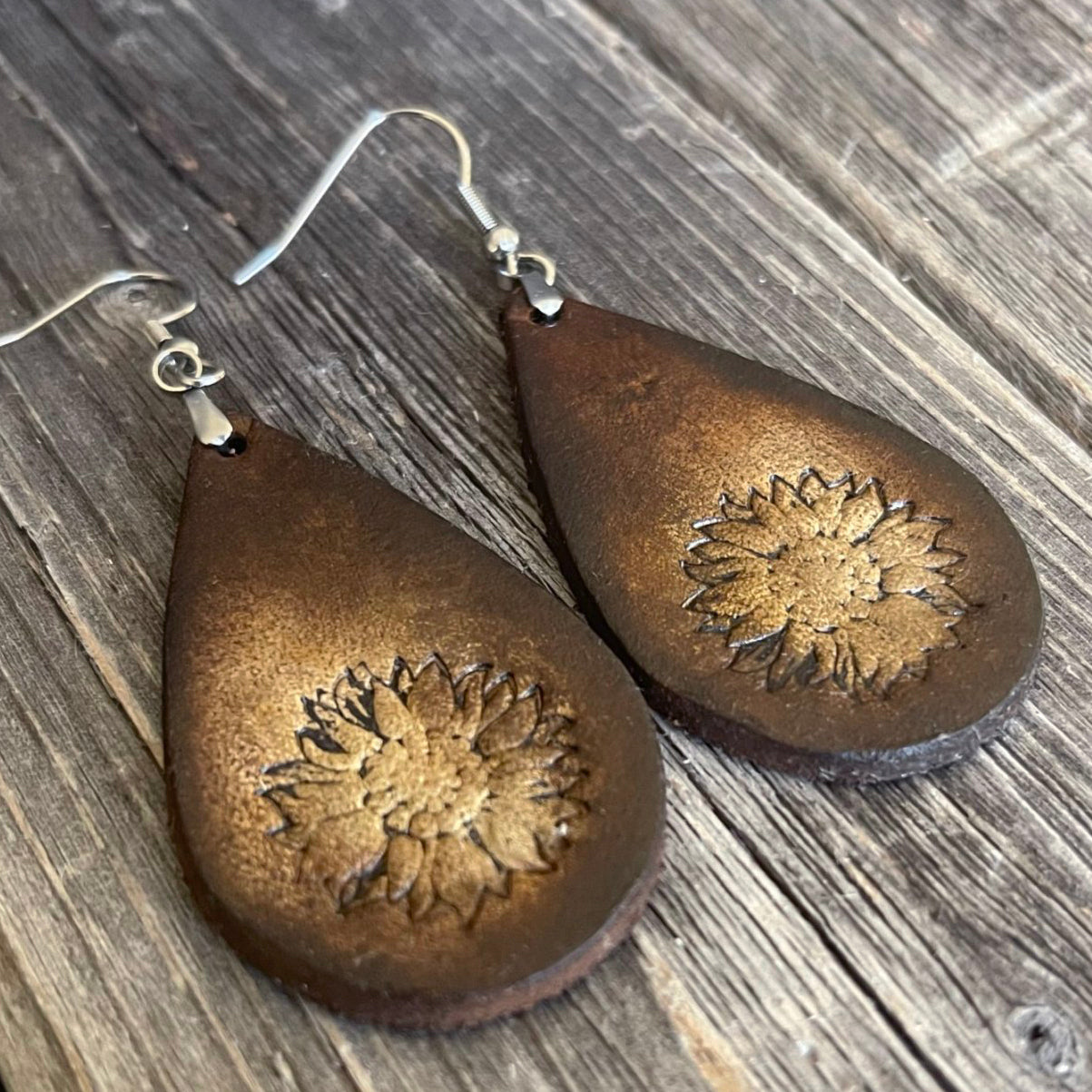 MADE TO ORDER - Leather Drop Boho Earrings with Sunflower