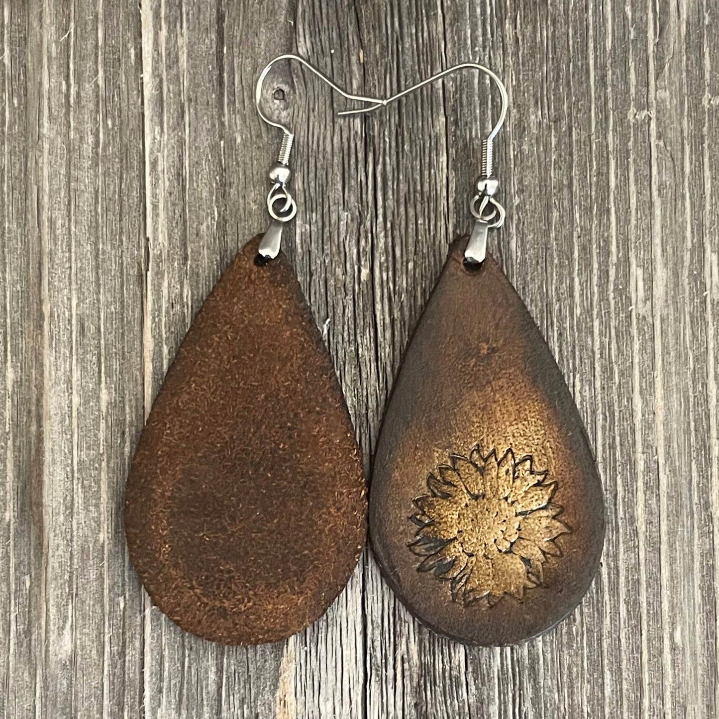 MADE TO ORDER - Leather Drop Boho Earrings with Sunflower