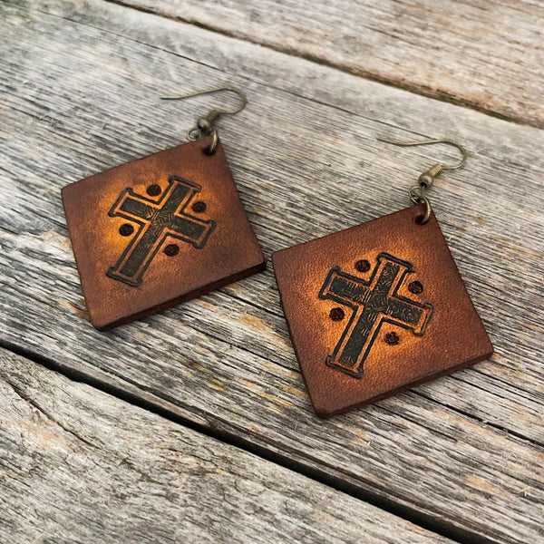 MADE TO ORDER - Rhomboid Cross Drop Leather Earrings | Boho Earrings