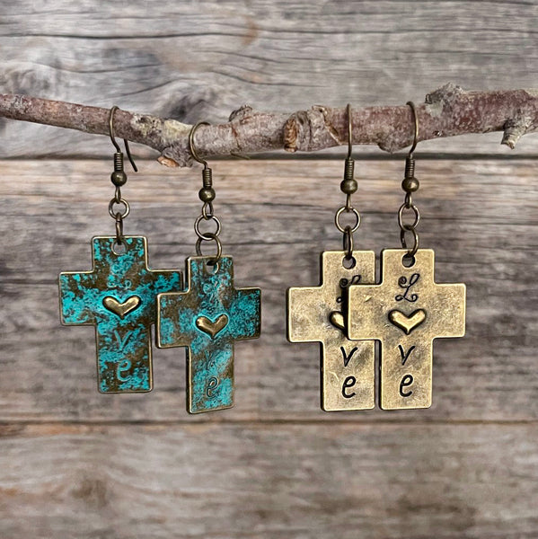 Christian Boho Patina Cross Earrings | Boho Cross Earrings