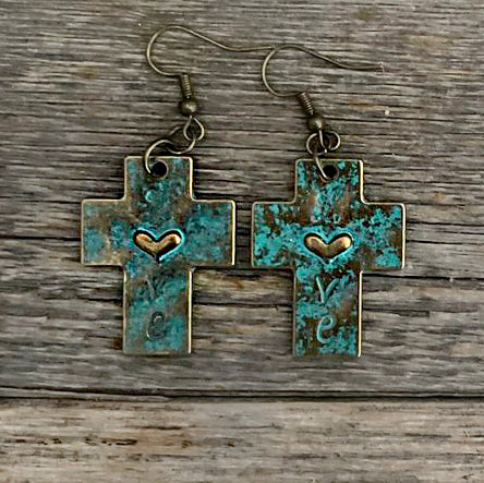 Christian Boho Patina Cross Earrings | Boho Cross Earrings