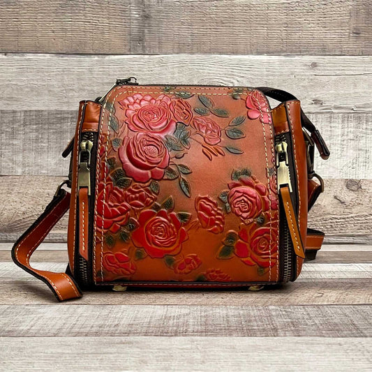 "CAMILE I" Medium Tooled Leather painted handbag with shoulder and hand straps
