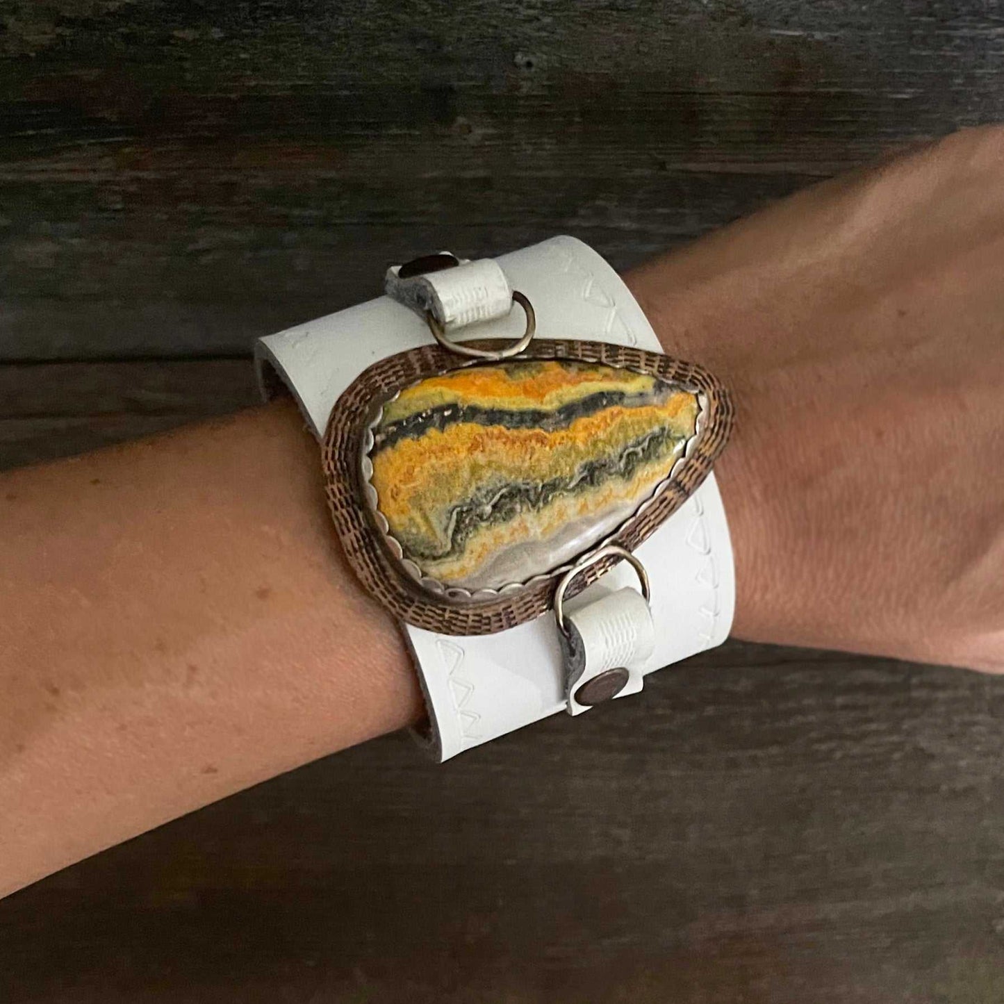 One of a kind genuine white leather and drop-shaped Bumble Bee Jasper statement bracelet