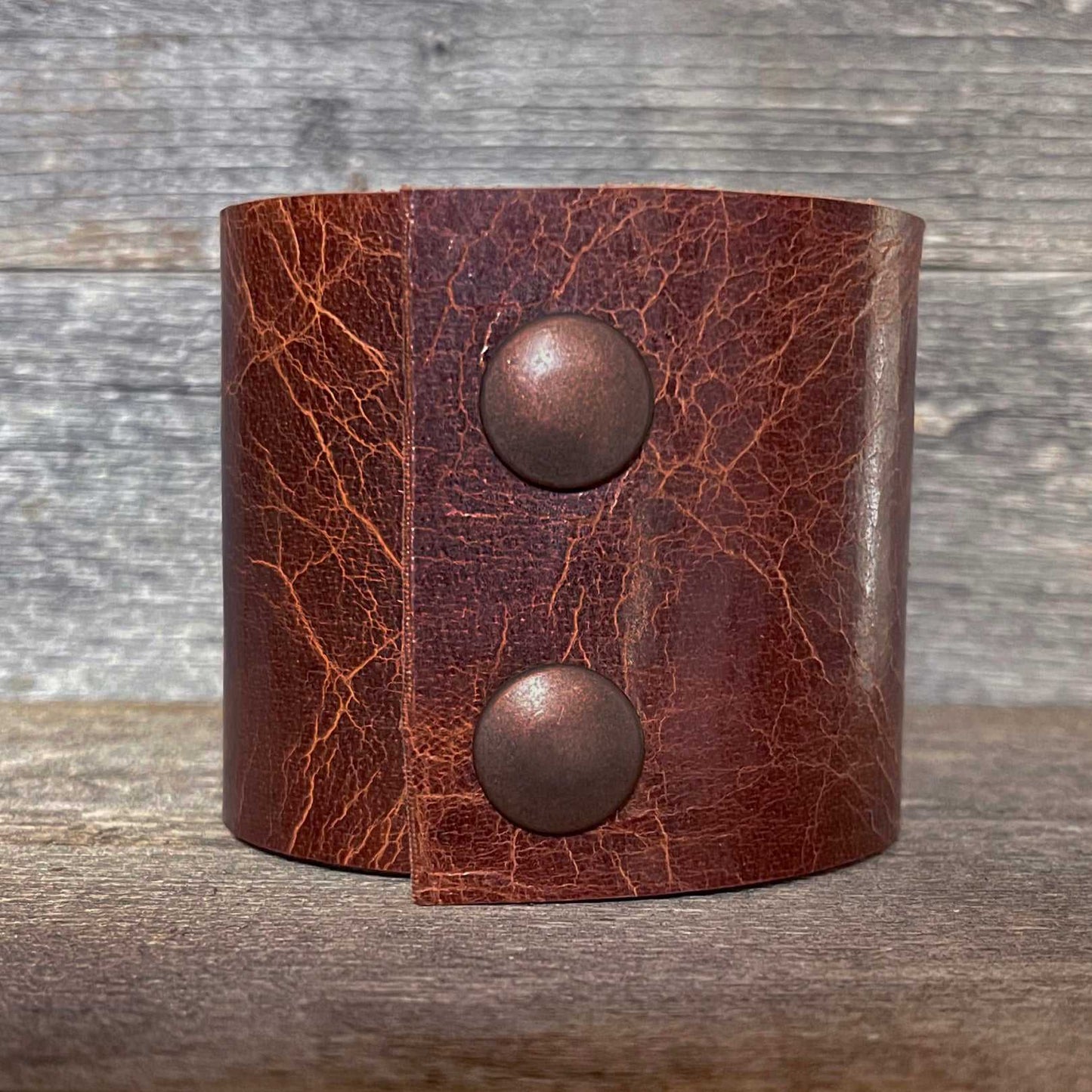 One of a kind genuine brown leather and triangle-shaped Chrysocolla statement bracelet