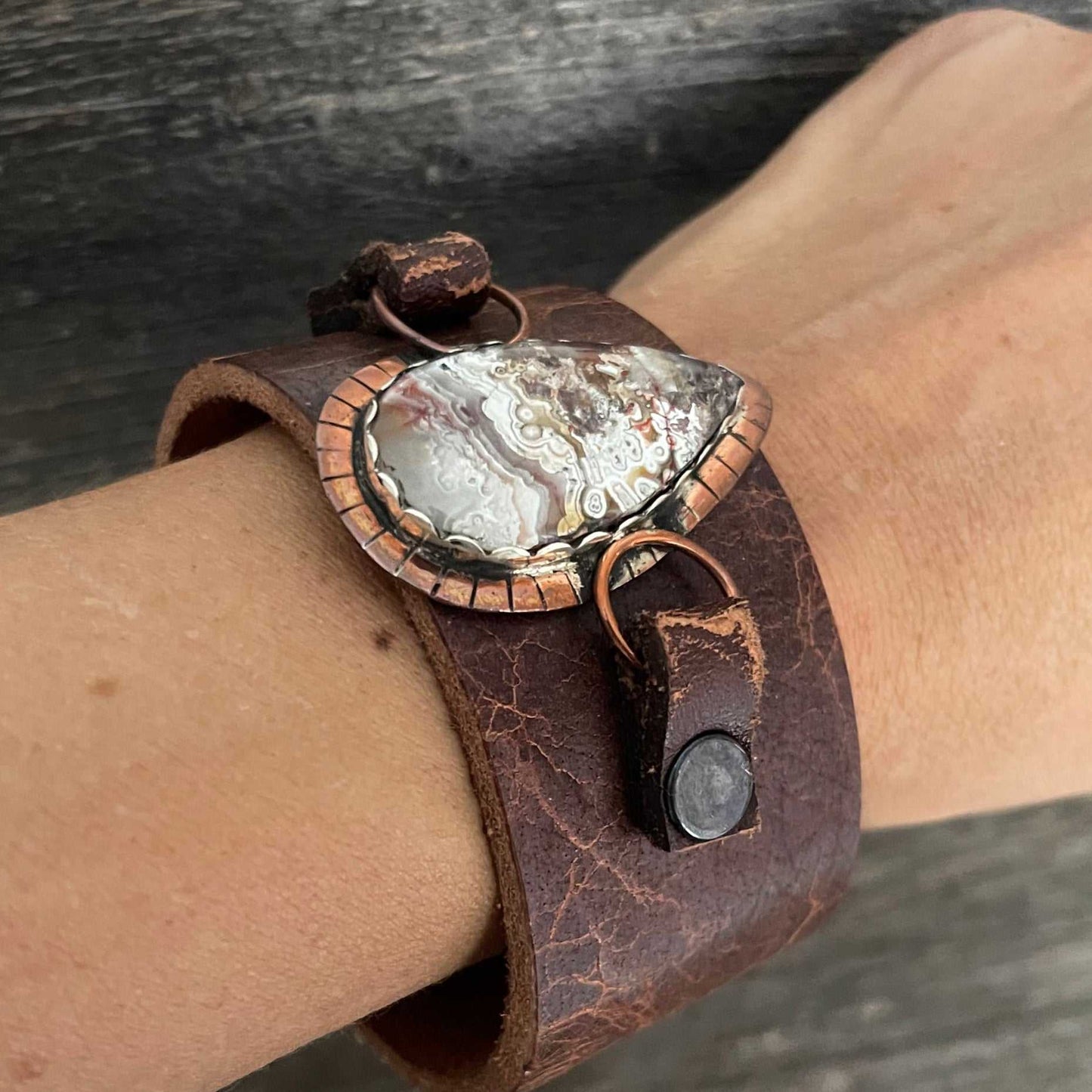 One of a kind genuine brown leather and drop-shaped Crazy Lace agate statement bracelet