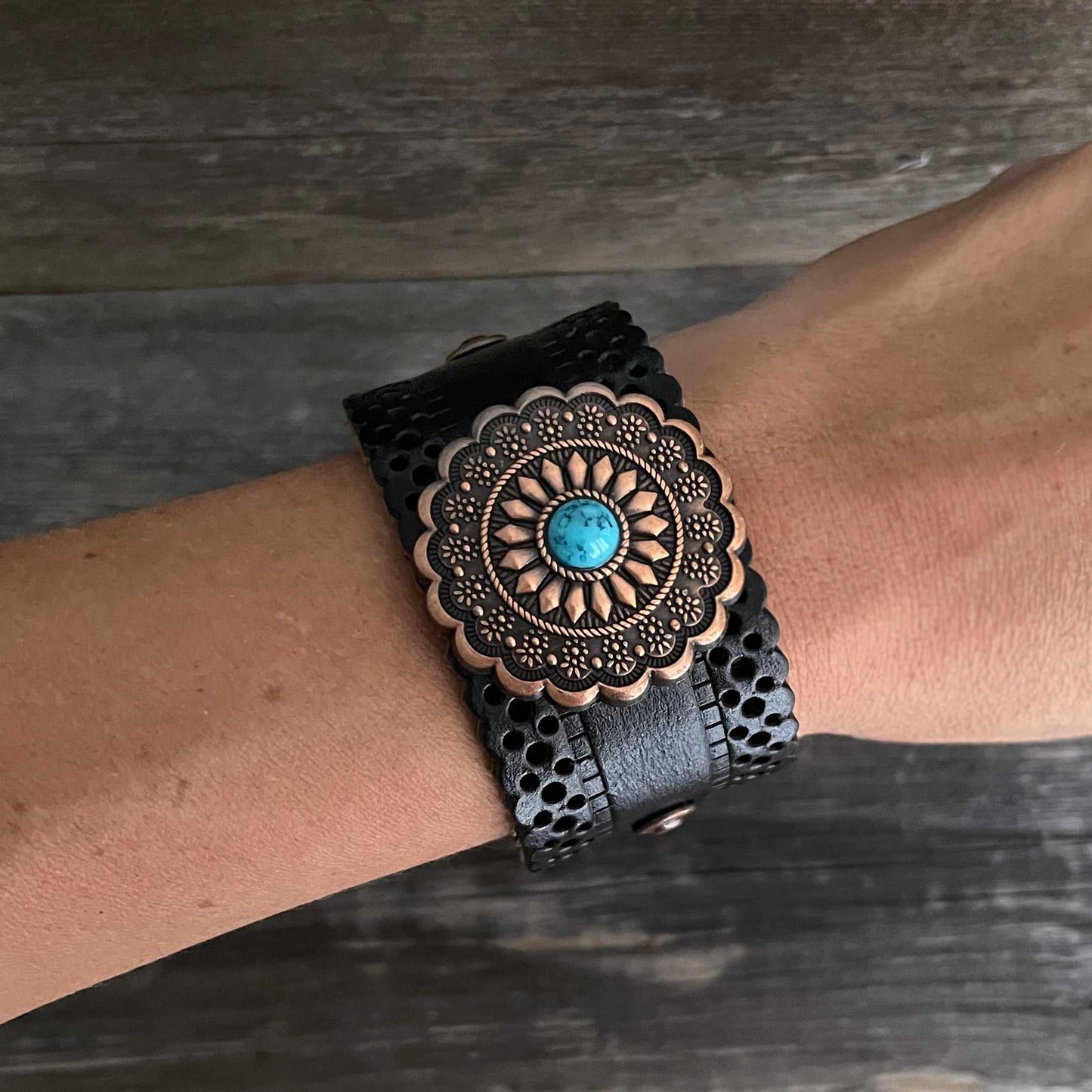 One of a kind genuine cut-out leather copper flower and blue stone concho bracelet