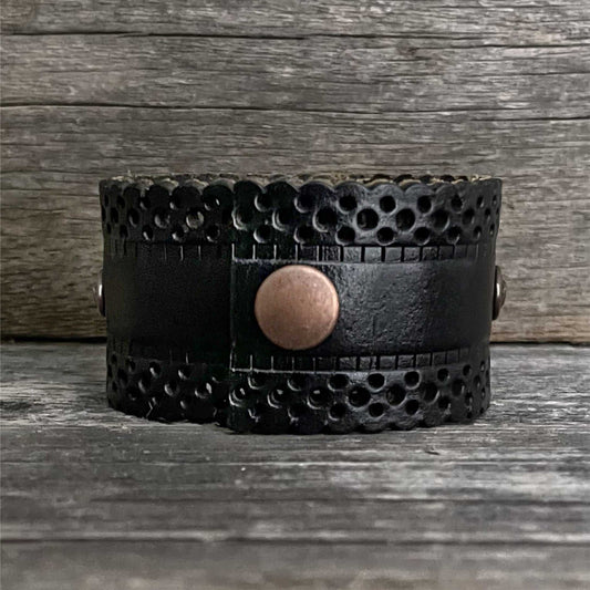 One of a kind genuine cut-out leather copper flower and blue stone concho bracelet